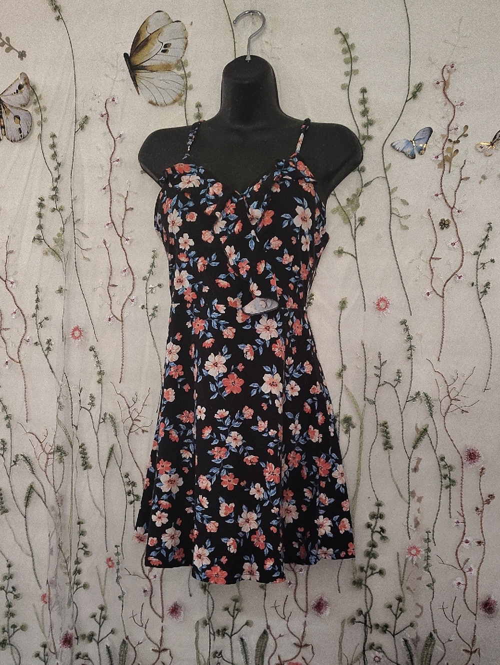 No Boundaries Black Mini Dress with Pink & Blue Floral Print